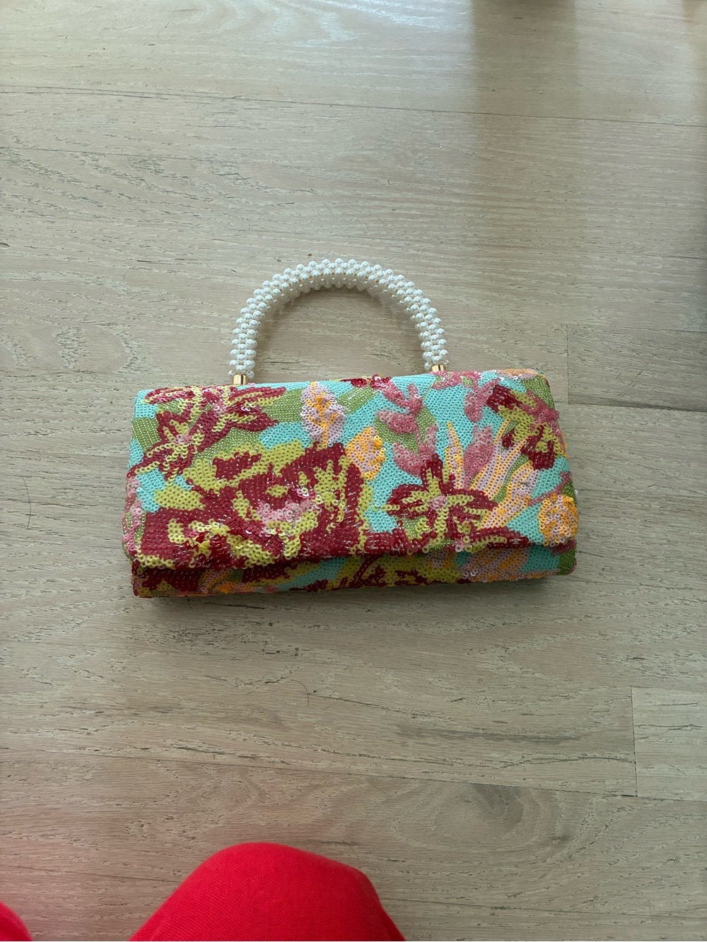 Sincerely Jules Turquoise Multicolor Beaded Floral Clutch with Pearl Handle
